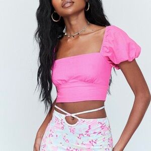 Princess Polly Raphael Puff Sleeve Crop Top in Pink with Tie Back, Size 0